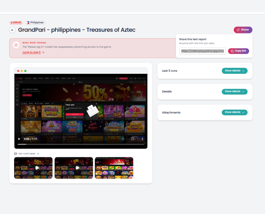 Proof one click deep — PlayPatrol dashboard